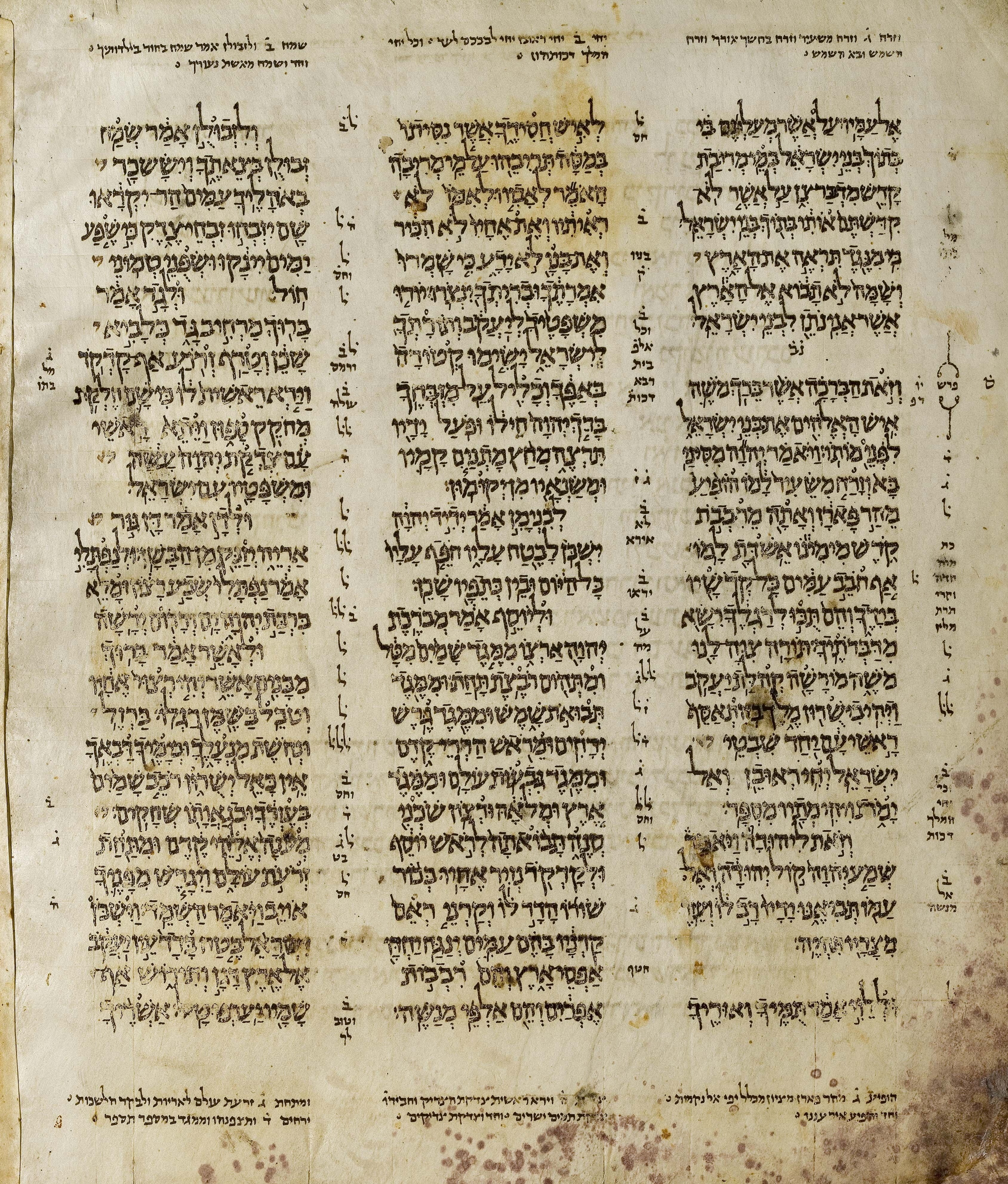 Page from the Aleppo Codex showing Deuteronomy with Tiberian vocalization and Masoretic annotations