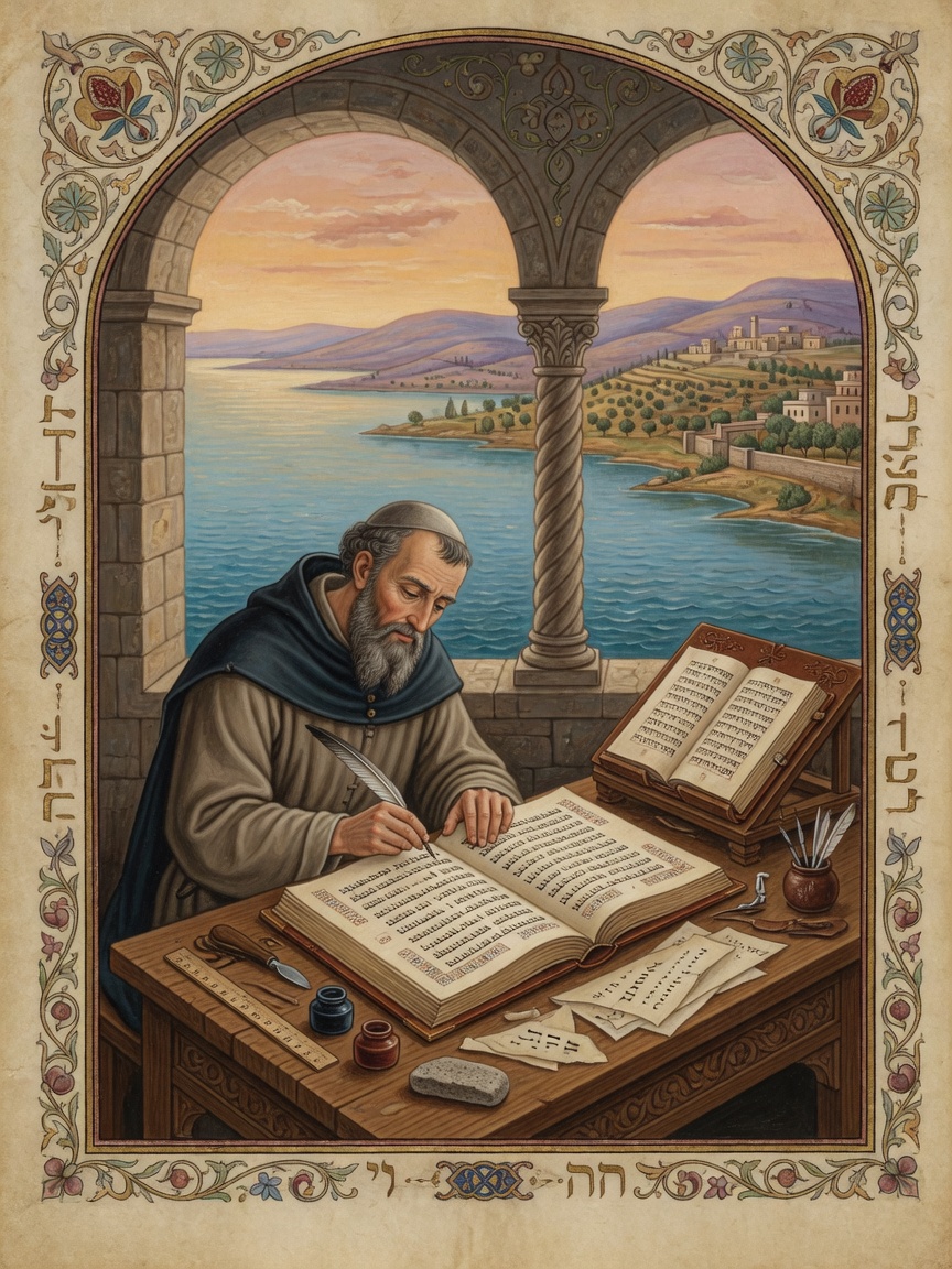 Masorete at work in a Tiberias scriptorium overlooking the Sea of Galilee