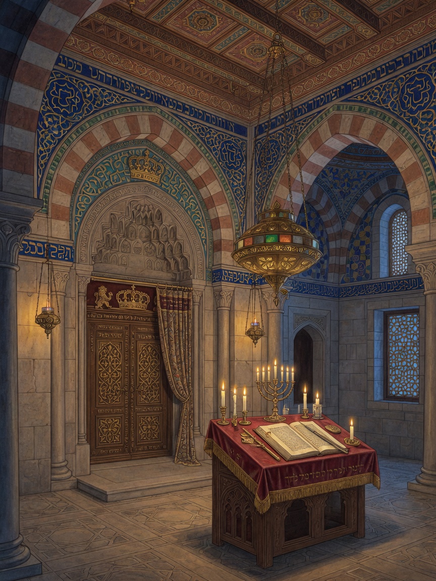 Interior of a great medieval Middle Eastern synagogue with Torah ark and lamps