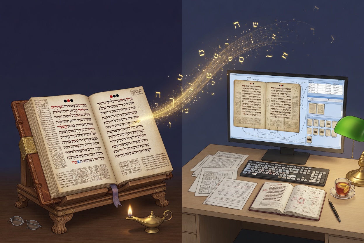 Ancient Hebrew codex beside modern digital manuscript imaging on a scholar's desk
