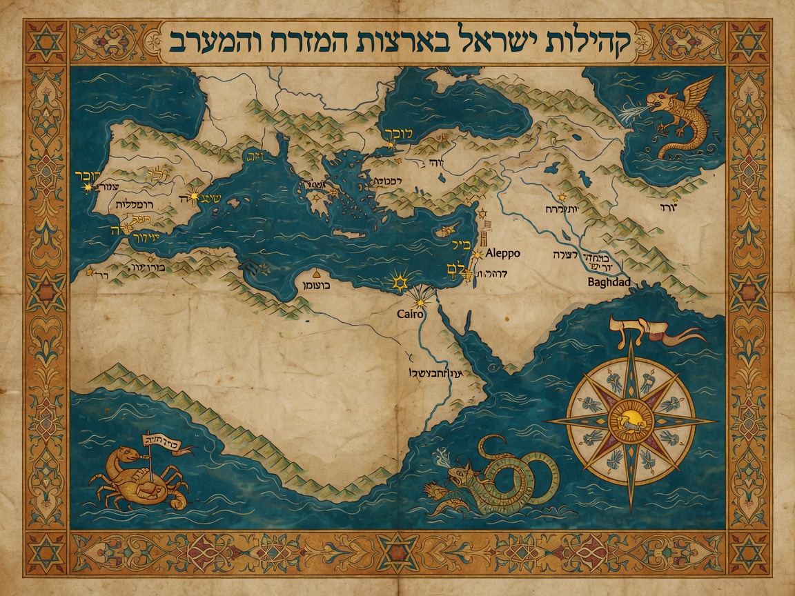 Illuminated map of Jewish communities across the Middle East and North Africa