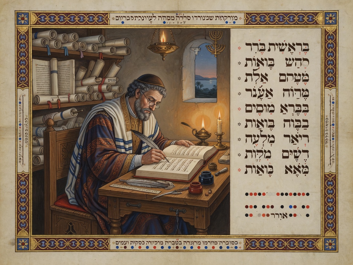 Medieval Jewish scribe at work in a scriptorium, adding precise vocalization and Masoretic notes to a parchment codex