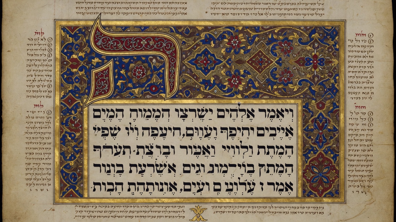 Ornate illuminated medieval Hebrew Bible manuscript page in the style of the Aleppo Codex, on aged parchment with gold leaf borders, intricate filigree, and a wide variety of authentic distinct Hebrew lettering from Genesis with full Tiberian niqqud and cantillation marks