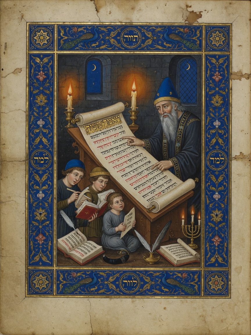 Medieval Jewish teacher instructing students in vocalized Hebrew