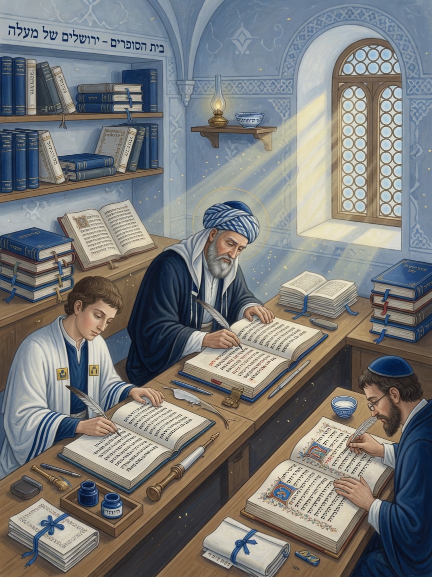 Medieval scriptorium with Hebrew manuscripts and scribal tools